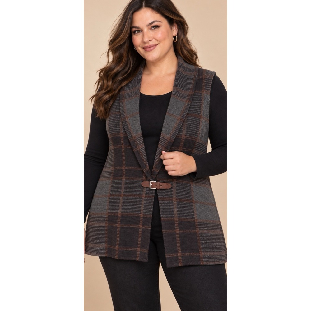 Lauren Ralph Lauren 1X Sweater Vest Cardigan Plaid Knit Academia Faux Leather